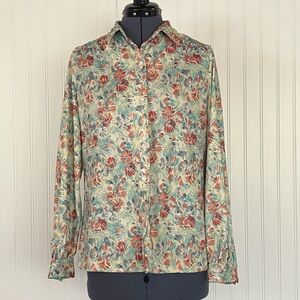 Vintage Colorful Button Down Blouse Abstract Flowers Bohemian Ruffle Shoulder